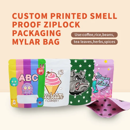 Mini sacos ziplock com vedação térmica de plástico reutilizável impresso personalizado, bolsa de suporte de 3,5 g, sacos Mylar à prova de cheiros reutilizáveis